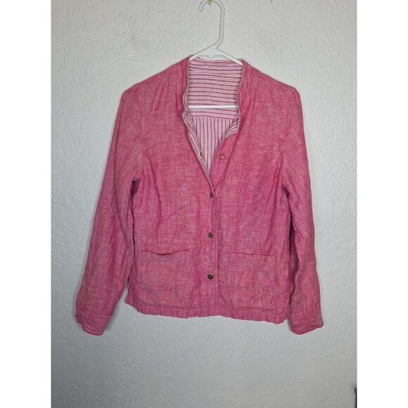 Chico's Reversible Jacket Pink Stripe Oxford Linen Cotton Snap Pockets 0 /small - Picture 4 of 5